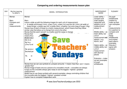 Comparing and Ordering Measurments KS2 Worksheets, Lesson Plans, PowerPoint and Activity
