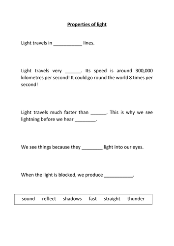 Properties Of Light Worksheet Teaching Resources