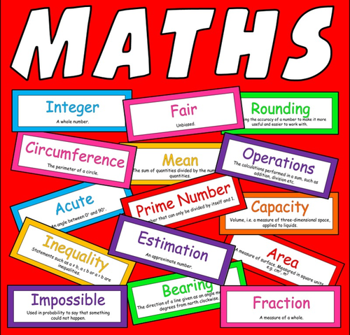 100 MATHS WORDS FLASHCARDS - NUMERACY KEY STAGE 2-4 DISPLAY NUMBER SHAPES DATA GEOMETRY ALGEBRA ETC