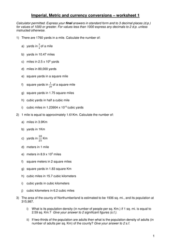Imperial, Metric and currency conversions - worksheet 1 (version 2 ...