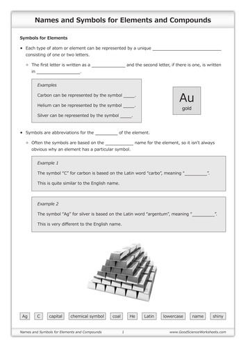 Names and Symbols for Elements and Compounds [Worksheet and Flashcards