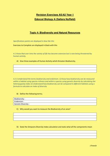 Revision booklet for Edexcel Biology A Topic 4 - Biodiversity and Natural Resources AS/Year 1 