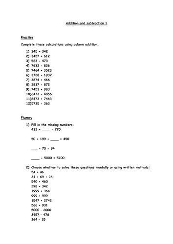 Addition and subtraction Year 4