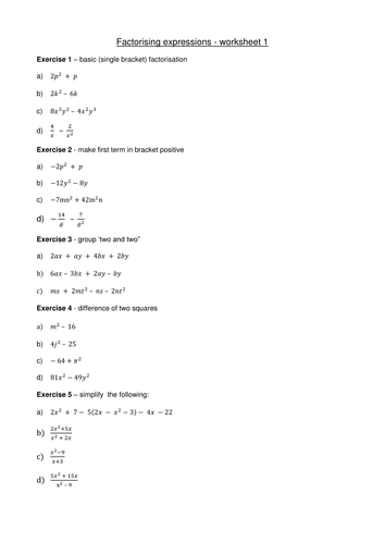 Factorising expressions - worksheet 1 | Teaching Resources