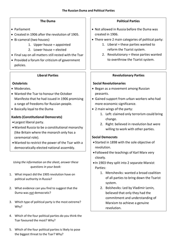 Russian Revolution -  The Duma and Political Parties