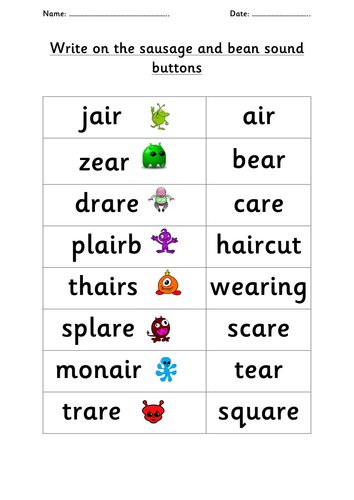 Phonics /air/ /ear/ /are/ family alien and real words