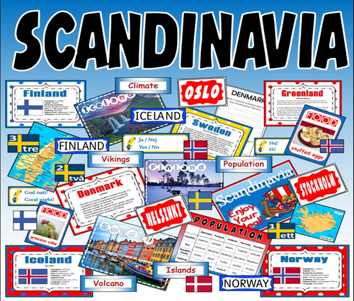 SCANDINAVIA -  RESOURCES KS2-3 GEOGRAPHY MAP DENMARK ICELAND NORWAY FINLAND SWEDEN SWEDISH LANGUAGE