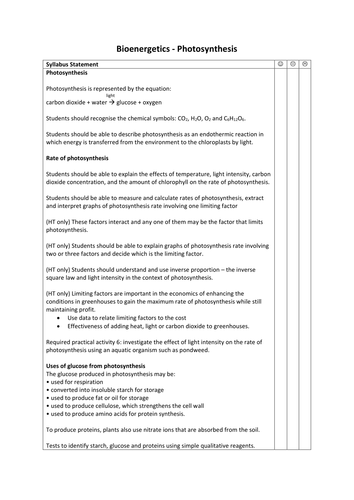 New Biology GCSE AQA Topic 4 Bioenergetics Syllabus Statements ...