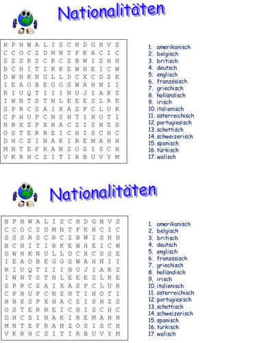 Nationalities crossword wordsearch and summary presentation