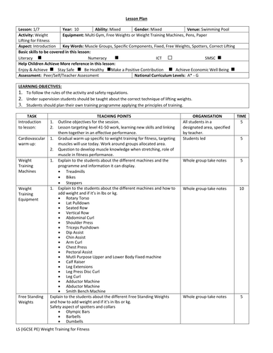 IGCSE PE Weight Training for Fitness Practical Lesson Plans by ...