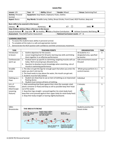 IGCSE PE Personal  Survival Practical Lesson Plans