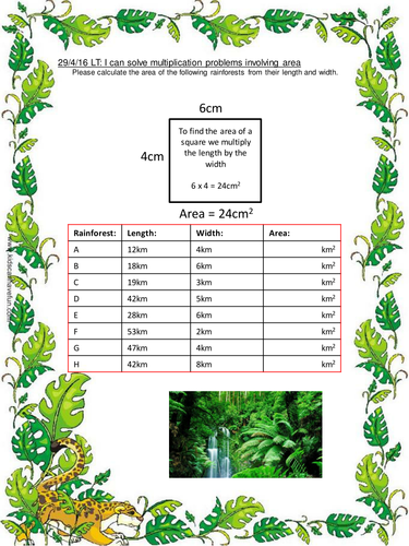 Area of the Rainforest multiplication worksheets by matthewewilmot