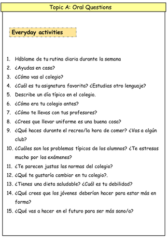 GCSE CIE Spanish Oral Questions All Topics Teaching Resources