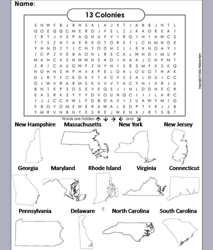 13 Colonies Word Search/ Coloring Book