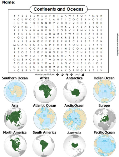 Continents And Oceans Word Search