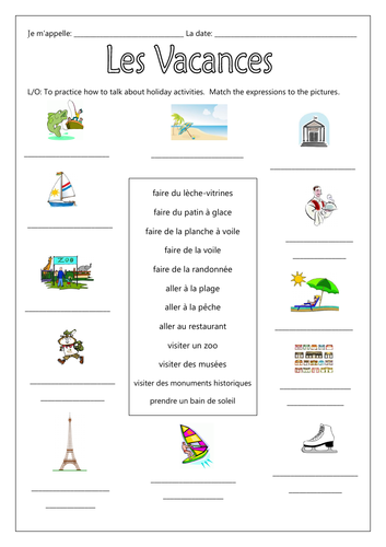 FRENCH - Les Vacances - Les Activitiés (present & past tenses) - Worksheets