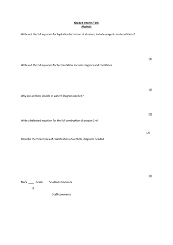 Series of A level homework question and answer sheets covering alcohols and alkenes