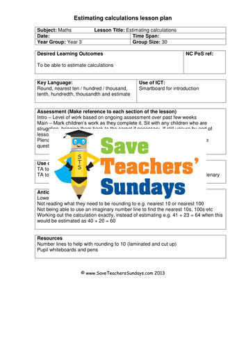 Estimating KS2 Worksheets, Lesson Plans and Plenary