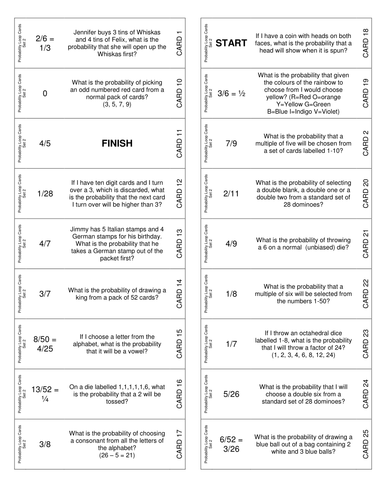 Probability Calculating 1/n Equally likely outcomes Domino Loop Cards Game Activity and Worksheets