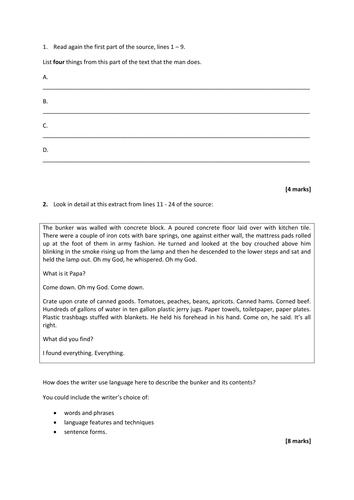 NEW AQA Language Paper 1A practice exam paper: THE ROAD (2006 ...