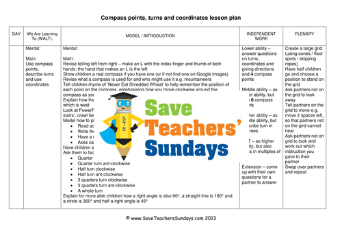 Coordinates  Compass Points and Turns KS2   Worksheets, Lesson Plans and Starter PowerPoint