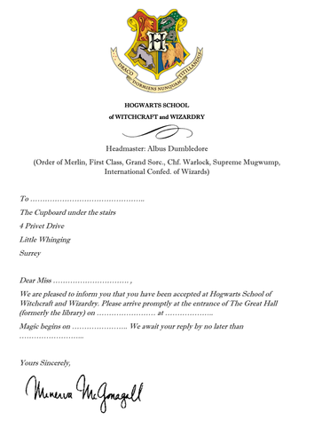 Acceptance to Hogwarts letter - invite to literary school event ...