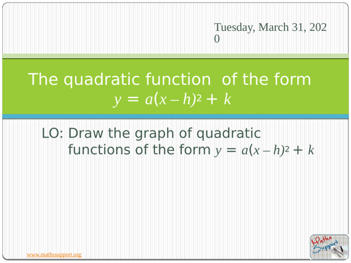 Quadratic Graphs Of The Form F X A X H K Teaching Resources