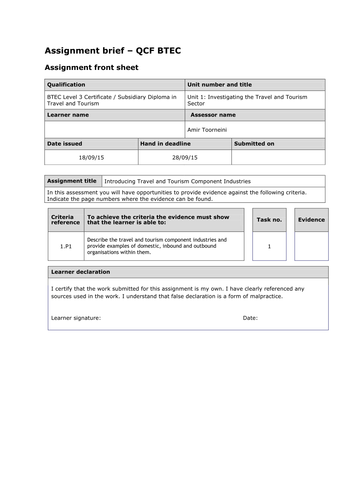 Level 3 BTEC Travel and Tourism (QCF) Unit 1 Assignment Briefs