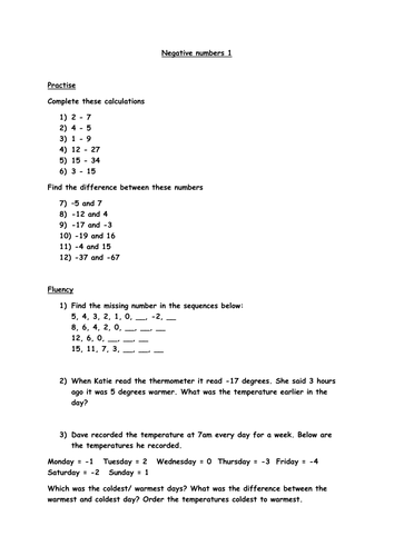 Negative numbers Year 5