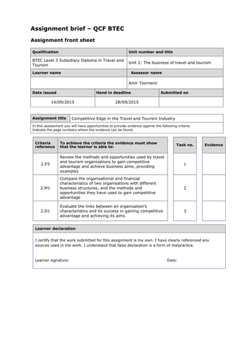 Level 3 BTEC Travel and Tourism (QCF) Unit 2 Assignment Briefs