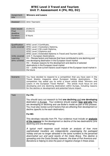 Level 3 BTEC Travel and Tourism (QCF) Unit 7 Assignment Briefs