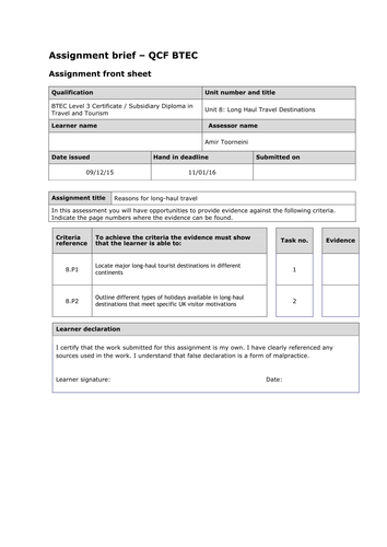 Level 3 BTEC Travel and Tourism (QCF) Unit 8 Assignment Briefs