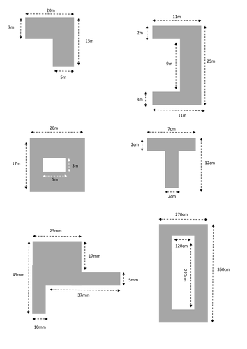 Find the AREA of composite shapes (rectangles and squares)