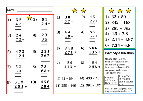 Differentiated Written Addition Worksheet