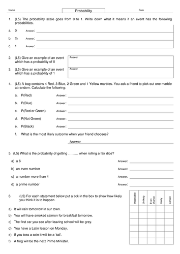 Mixed Probability Worksheets (1/n, probability scale, Expectation, Discussion) Maths Mastery