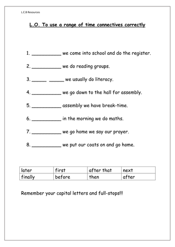 Time Connectives Worksheet Teaching Resources