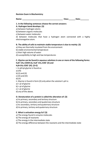 Revision Exam: Biochemistry