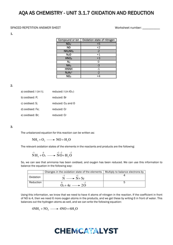 AQA – AS Chemistry – SRQ Worksheet – Oxidation, reduction and redox