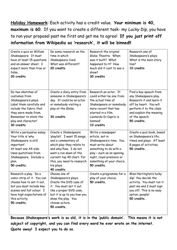 Holiday project home learning for English