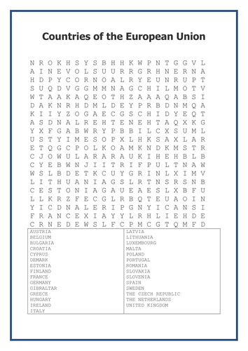 Countries of the European Union Wordsearch