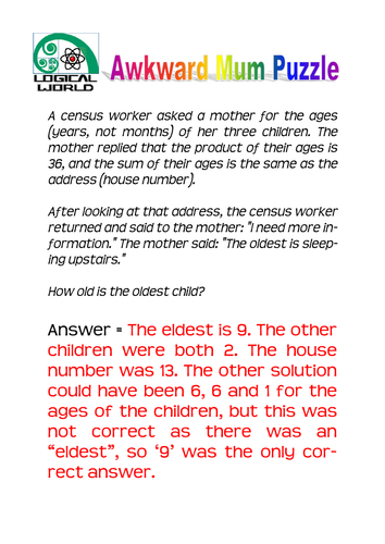 10 Logic Puzzles (with answers) | Teaching Resources