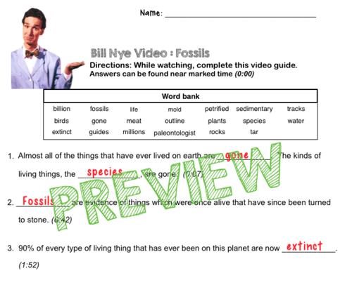 bill-nye-video-questions-fossils-w-time-stamp-word-bank-and-answer-key-teaching-resources