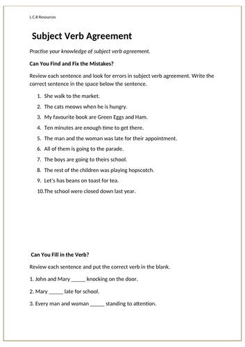 Subject Verb Agreement Worksheet Teaching Resources