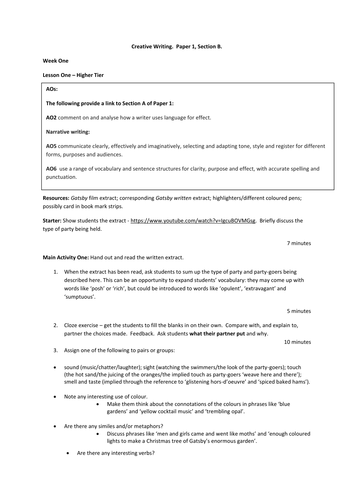 New AQA English GCSE 2016 Paper One Section B Scheme of Work: 16 Lessons Higher (Exam 2017)