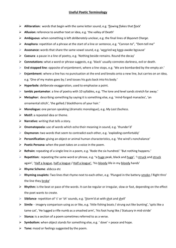 Poetic Terms Worksheet