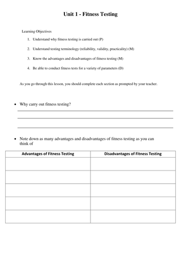BTEC SPORT Unit 1 - Fitness Testing Unit of Work | Teaching Resources