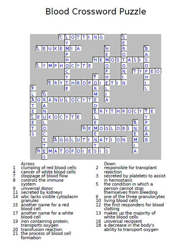 Blood Crossword Puzzle Teaching Resources