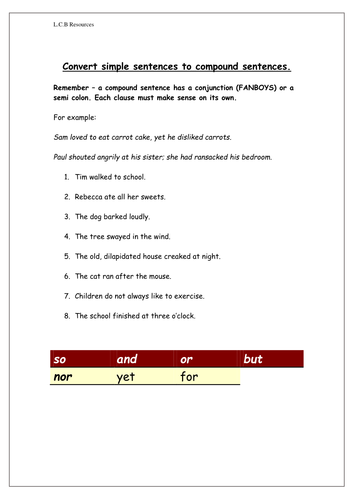 Convert Simple Sentences To Compound Sentences Teaching Resources