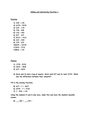 Adding and subtracting fractions Year 5 second set