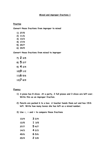 Mixed and improper fractions Year 5